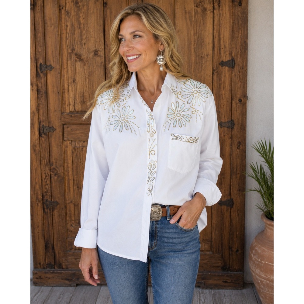 Laura Rogers Originals Hand Painted White Floral Pearl Button Down Shirt Medium